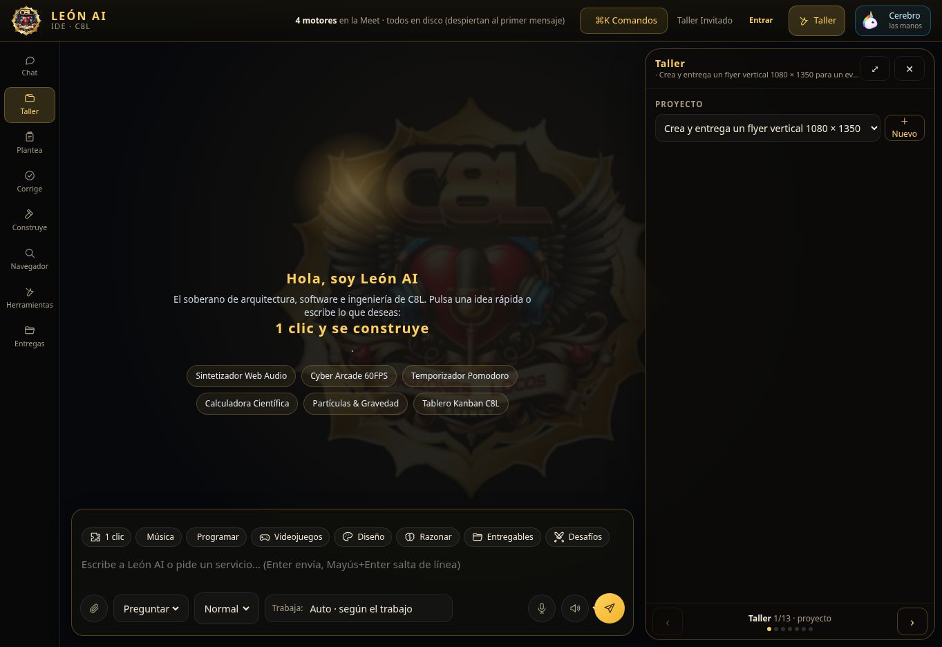 Interfaz real del IDE de León AI: chat, taller y servicios de creación